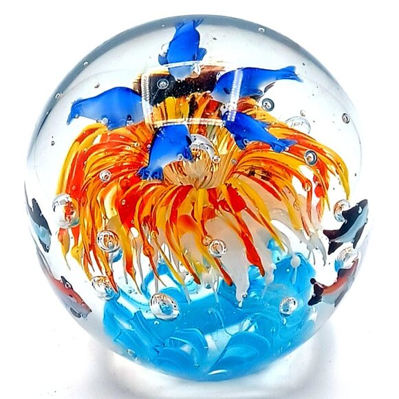 Murano Glass Tropical Fish Aquarium Art Paperweight 4.5" X 4.15" Handcrafted Wit - Picture 13 of 15